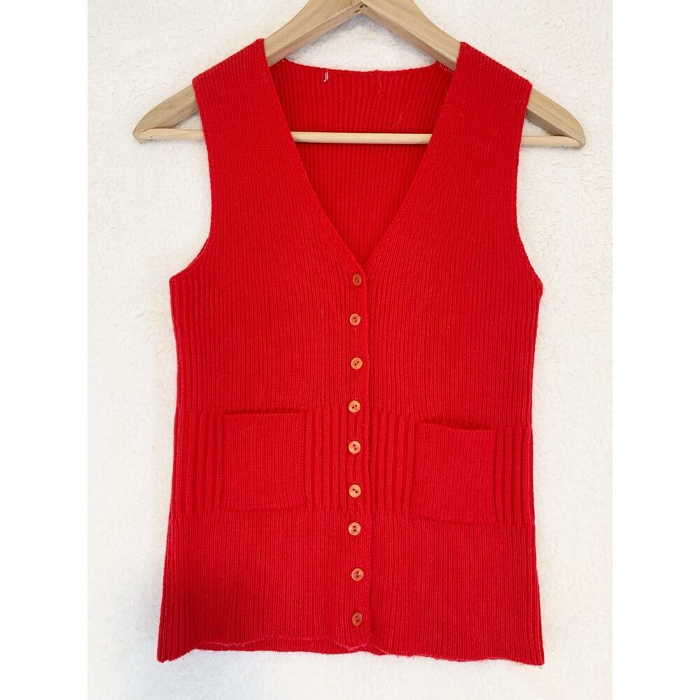 Vintage Sweater Vest Button Front Red Pockets Small Medium Measured Retro 70s
